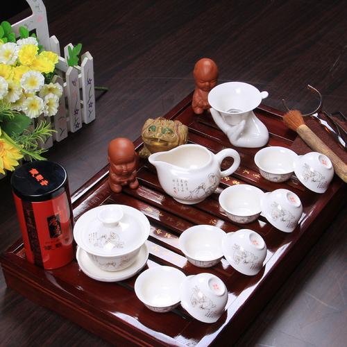 白瓷茶盘实木茶具 木质功夫茶具套装特价 高档礼盒茶具套装批发图片